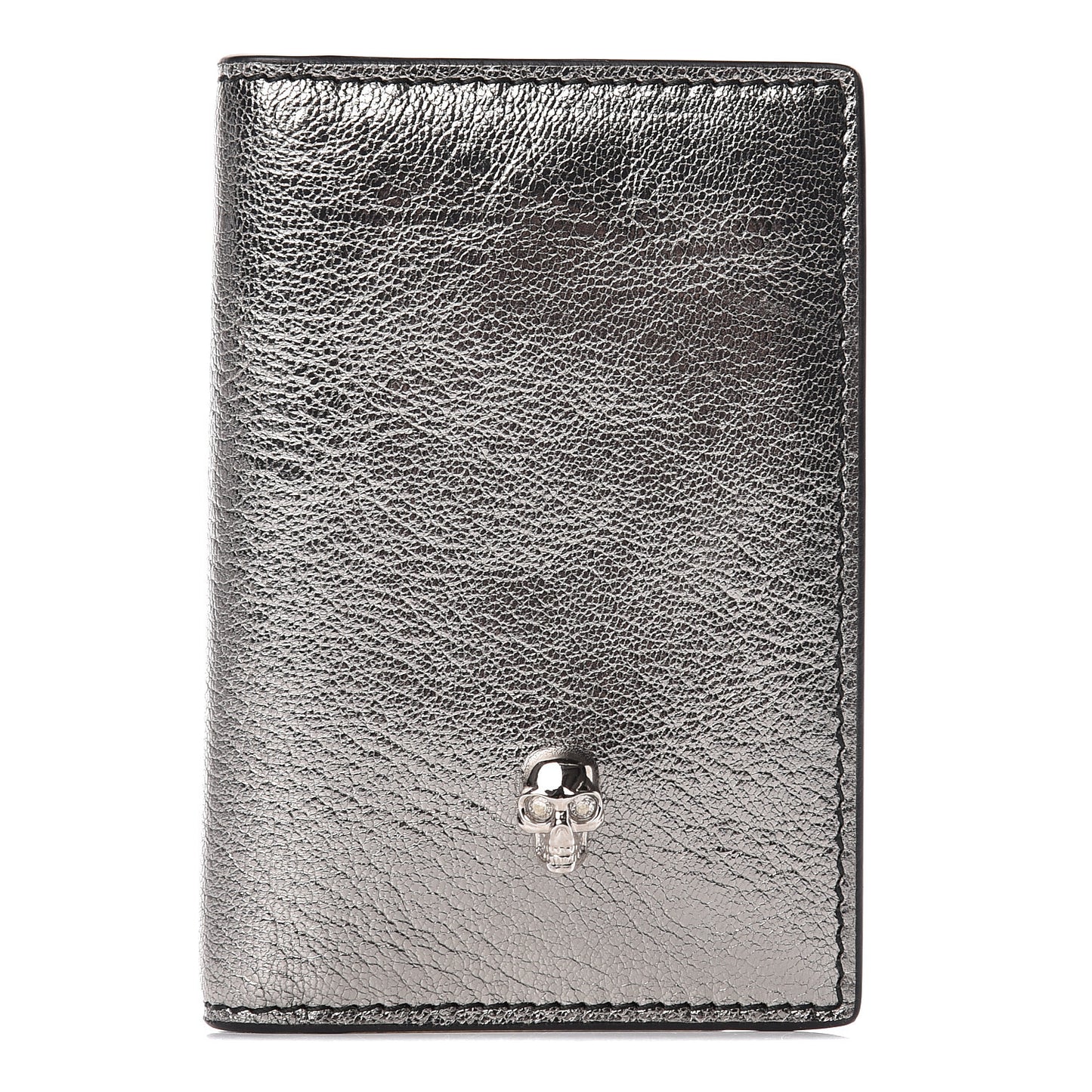 Metallic Calfskin Skull Bi Fold Card Holder Silver