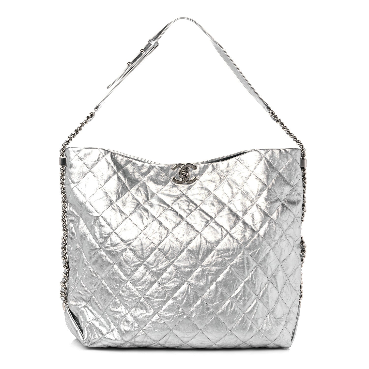Chanel Metallic Crackled Calfskin Quilted Large Big Bang Hobo Silver 1 of 10