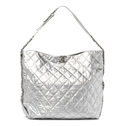 Chanel Metallic Crackled Calfskin Quilted Large Big Bang Hobo Silver 1 of 10