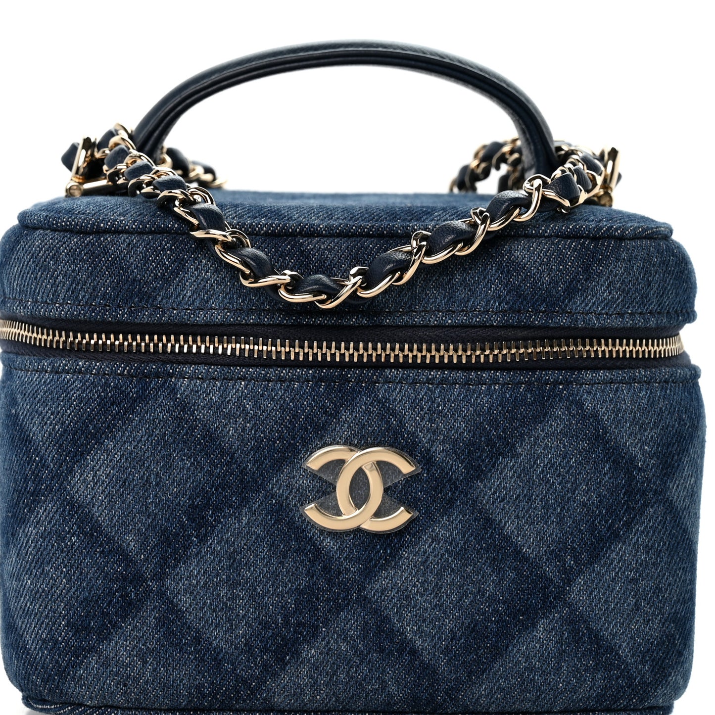 Printed Denim Quilted Mini Top Handle Vanity Case With Chain Dark Blue