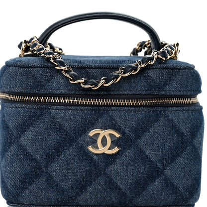 Chanel Printed Denim Quilted Mini Top Handle Vanity Case With Chain Dark Blue 8 of 10