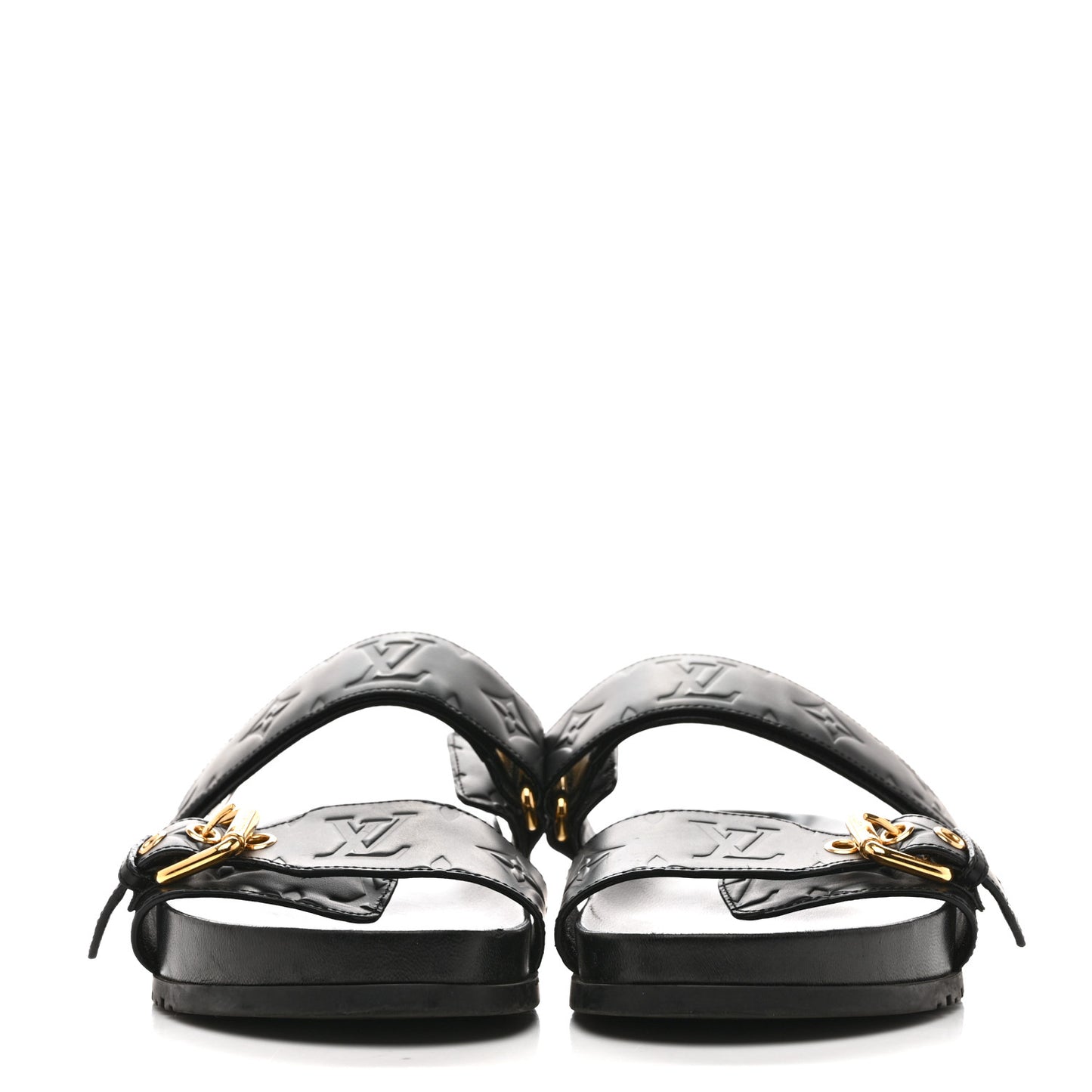 Lambskin Embossed Monogram Bom Dia Flat Mule Sandals 38 Black