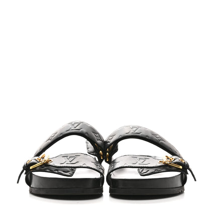 Louis Vuitton Lambskin Embossed Monogram Bom Dia Flat Mule Sandals 38 Black 3 of 11