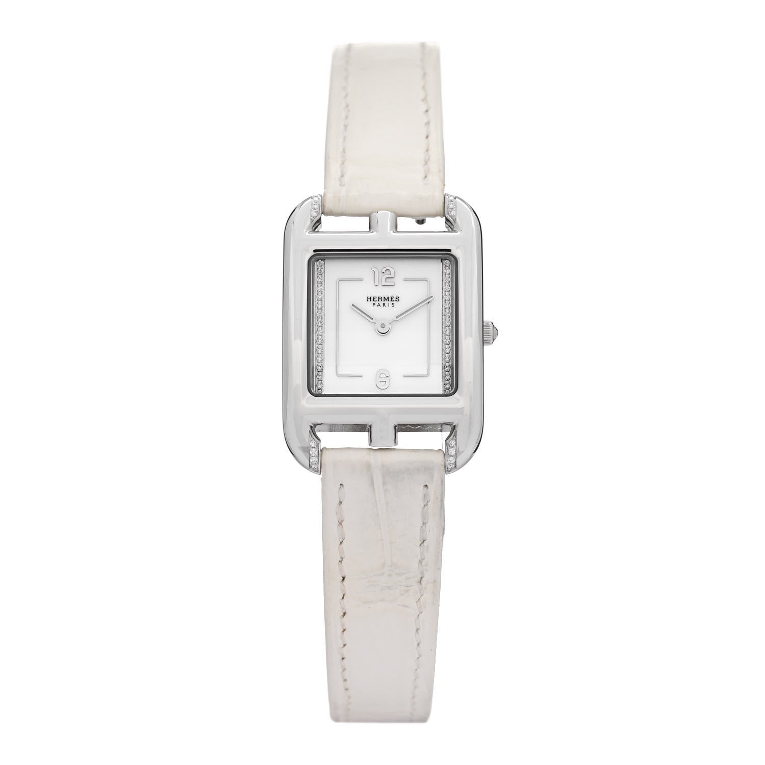Hermes Stainless Steel Alligator Diamond Pave 23mm Cape Cod Quartz Watch Blanc 1 of 6