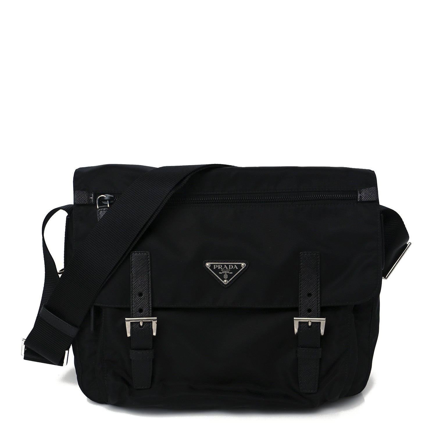 Prada Tessuto Nylon Saffiano Double Buckle Messenger Shoulder Bag Black 1 of 10