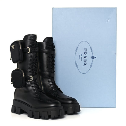 Prada Vitello Lux Nylon Metal Triangle Logo Monolith Pouch Pocket 55mm Tall Combat Boots 40.5 Black 10 of 10