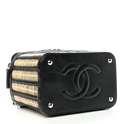 Chanel Glazed Calfskin Raffia Vanity Case Bag Black Beige 4 of 9