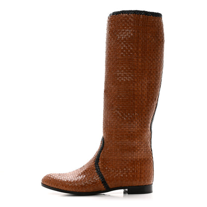 Prada Woven Calfskin Bicolor Tall Boots 40 Caramel Black 1 of 10