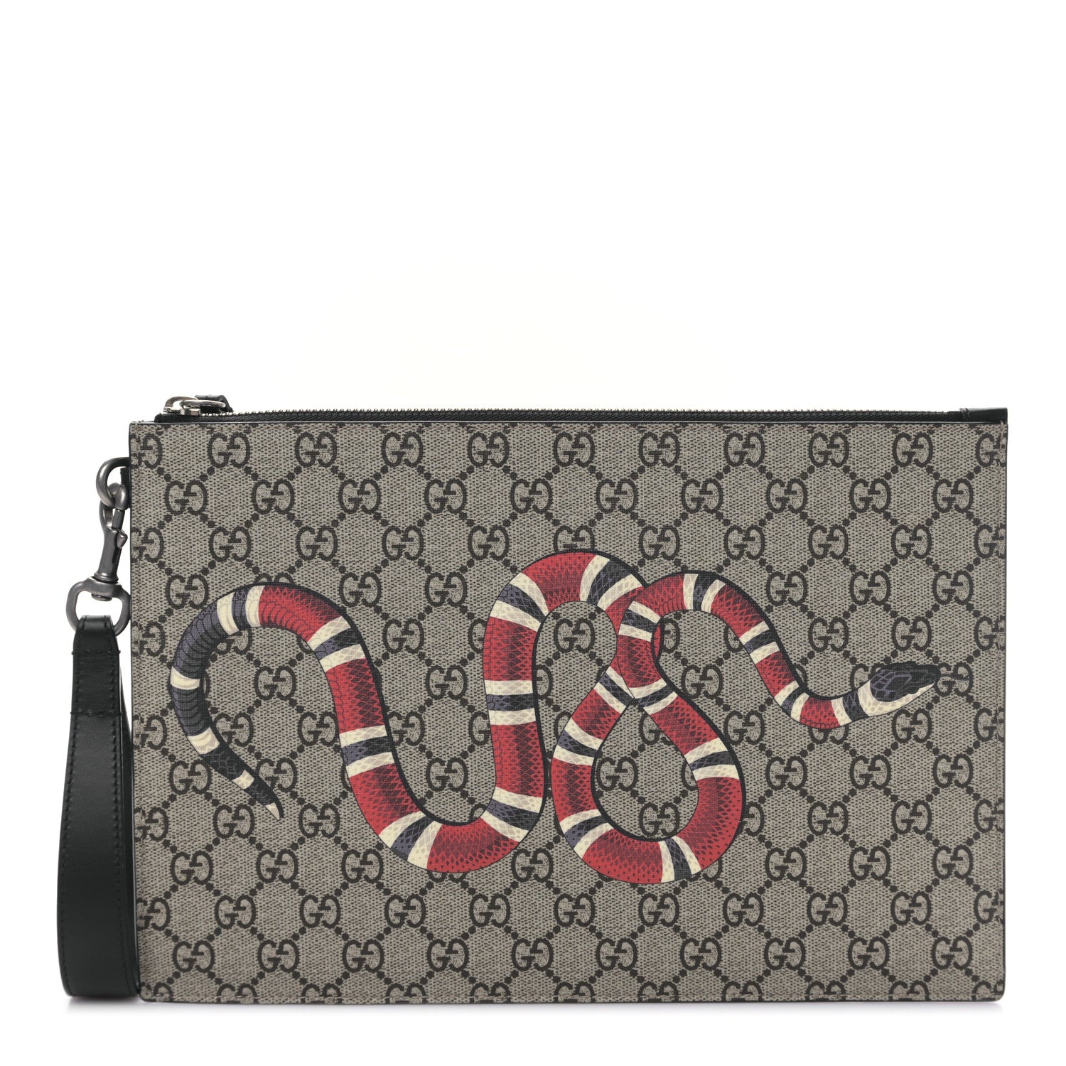Gucci GG Supreme Monogram Kingsnake Zip Wristlet Pouch Beige Black 1 of 9
