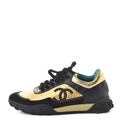 Chanel Metallic Fabric Calfskin Suede Crocodile Embossed CC Sneakers 38 Black Gold 1 of 10