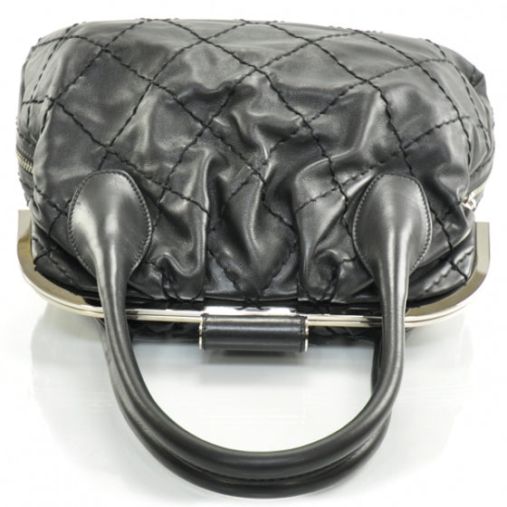 Lambskin Expandable Stitched Frame Top Bag Black