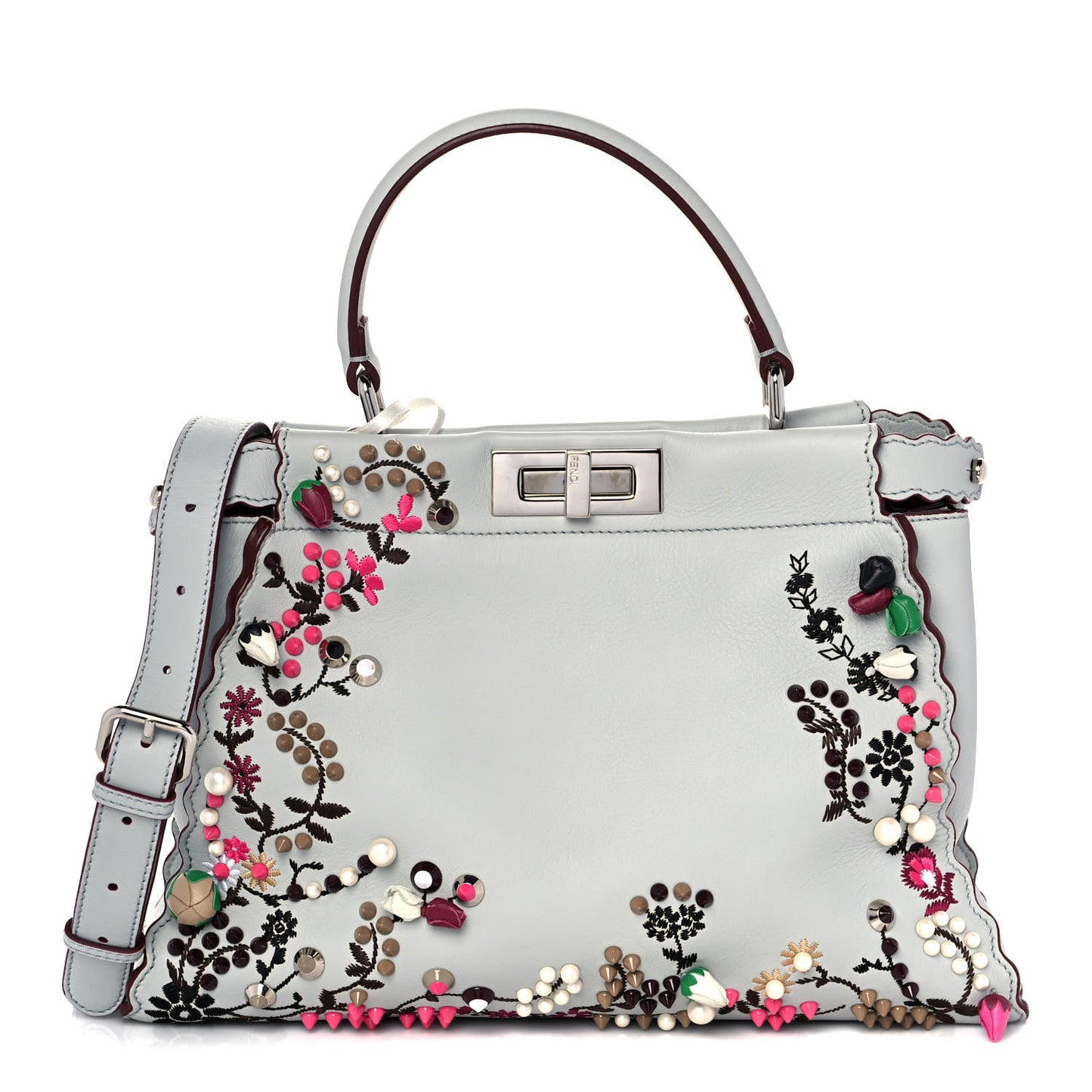 Vitello Seta Shiny Nappa Pearl Scalloped Studded Floral Embroidered Medium Peekaboo Iconic Satchel Grigio Perla Multicolor