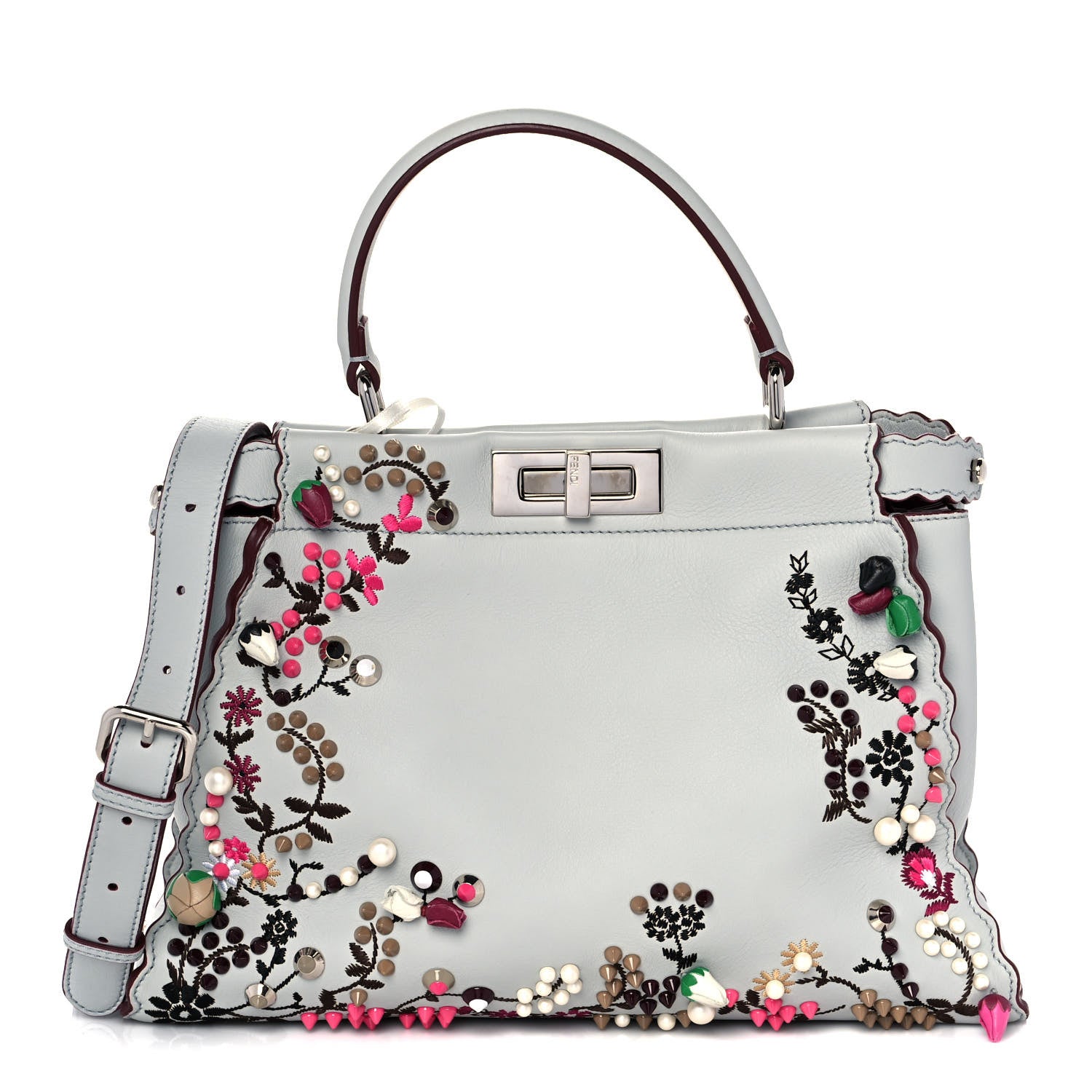Fendi Vitello Seta Shiny Nappa Pearl Scalloped Studded Floral Embroidered Medium Peekaboo Iconic Satchel Grigio Perla Multicolor 1 of 18