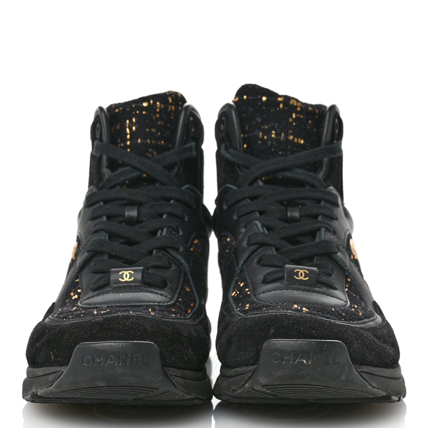 Velour Tweed CC High Top Sneakers 38 Black Gold