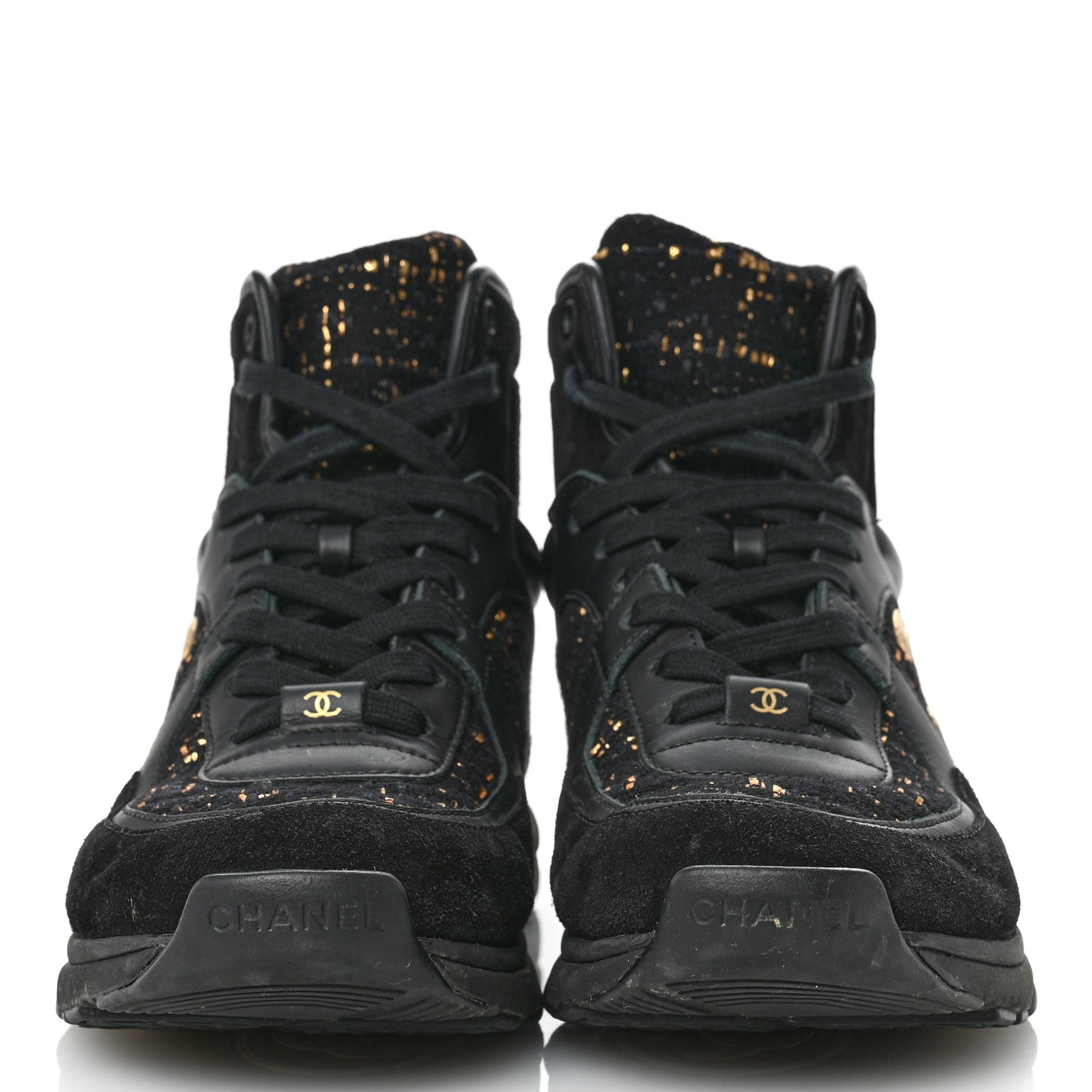 Chanel Velour Tweed CC High Top Sneakers 38 Black Gold 3 of 10
