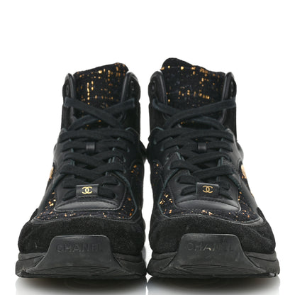 Chanel Velour Tweed CC High Top Sneakers 38 Black Gold 3 of 10