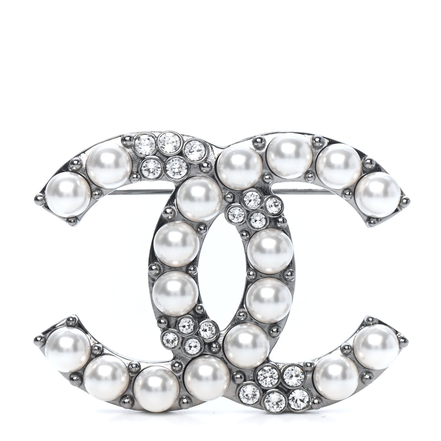 Pearl Crystal CC Brooch Silver