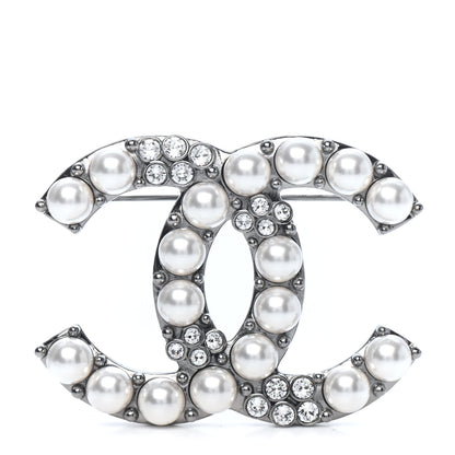 Chanel Pearl Crystal CC Brooch Silver 1 of 3