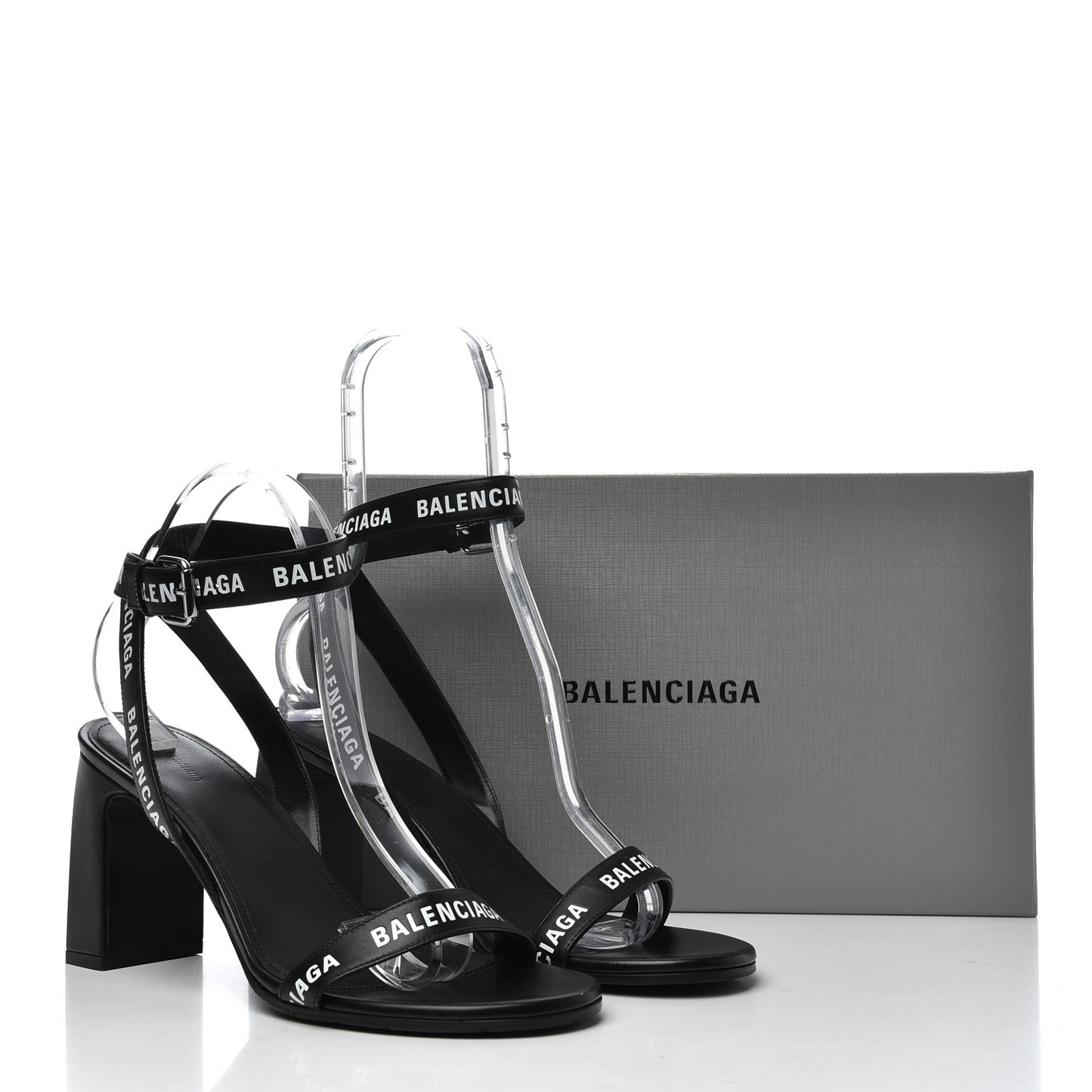Calfskin Allover Logo Ankle Strap Round Heel 80mm Sandals 40 Black White