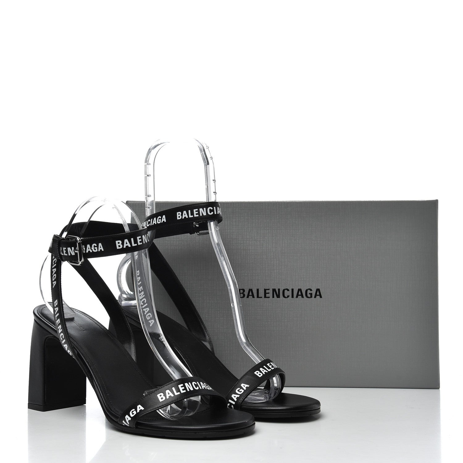 Balenciaga Calfskin Allover Logo Ankle Strap Round Heel 80mm Sandals 40 Black White 10 of 10