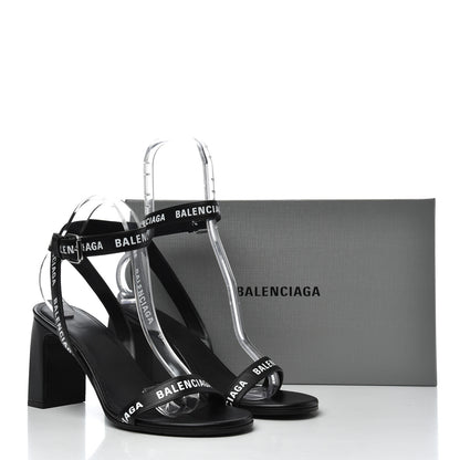 Balenciaga Calfskin Allover Logo Ankle Strap Round Heel 80mm Sandals 40 Black White 10 of 10