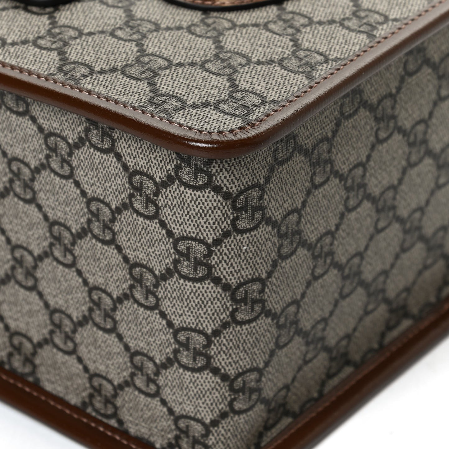 GG Supreme Monogram Azalea Calfskin Mini Horsebit 1955 Foldover Top Handle Bag Beige Ebony Brown Sugar