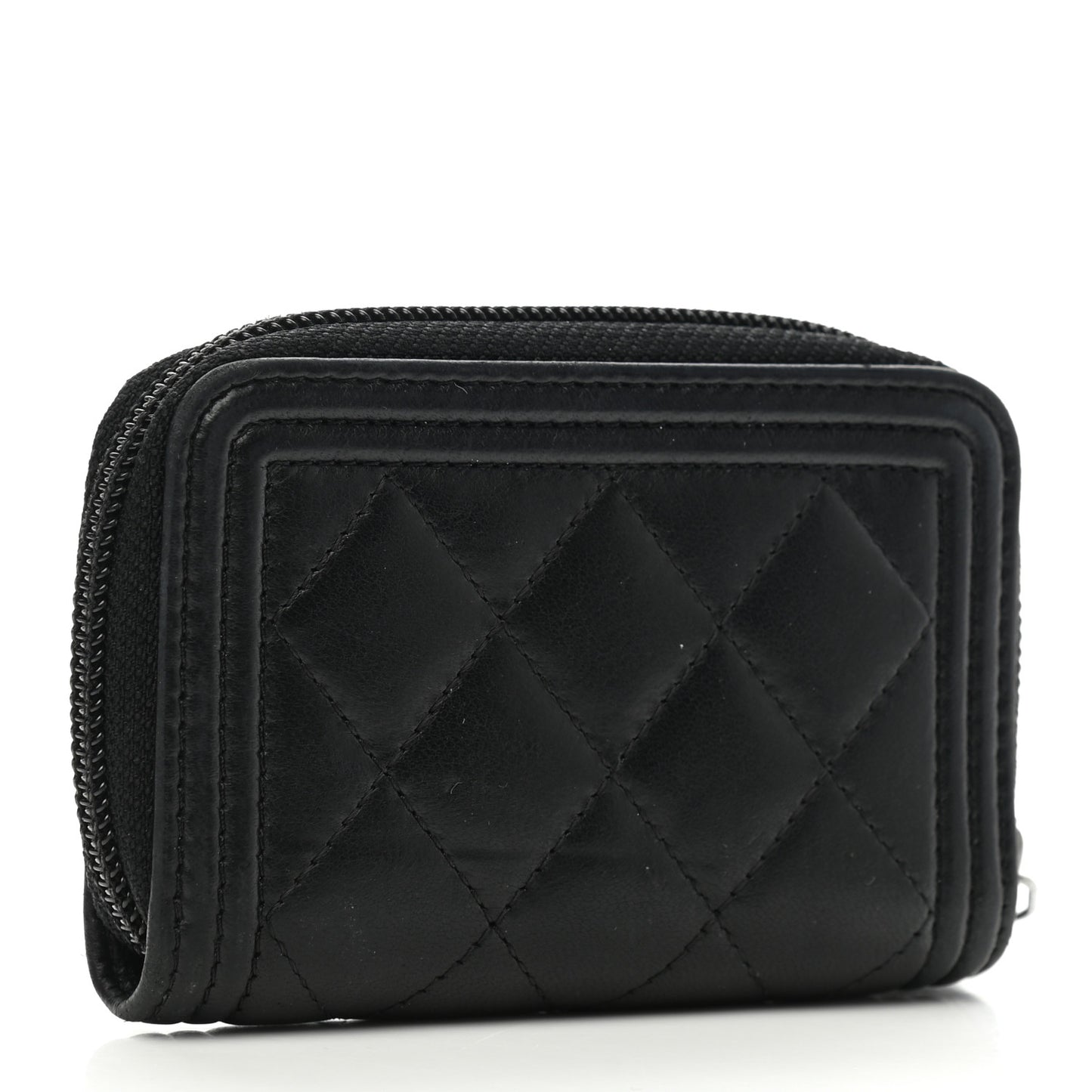 Lambskin Quilted Zip Around Boy Coin Purse Wallet Black