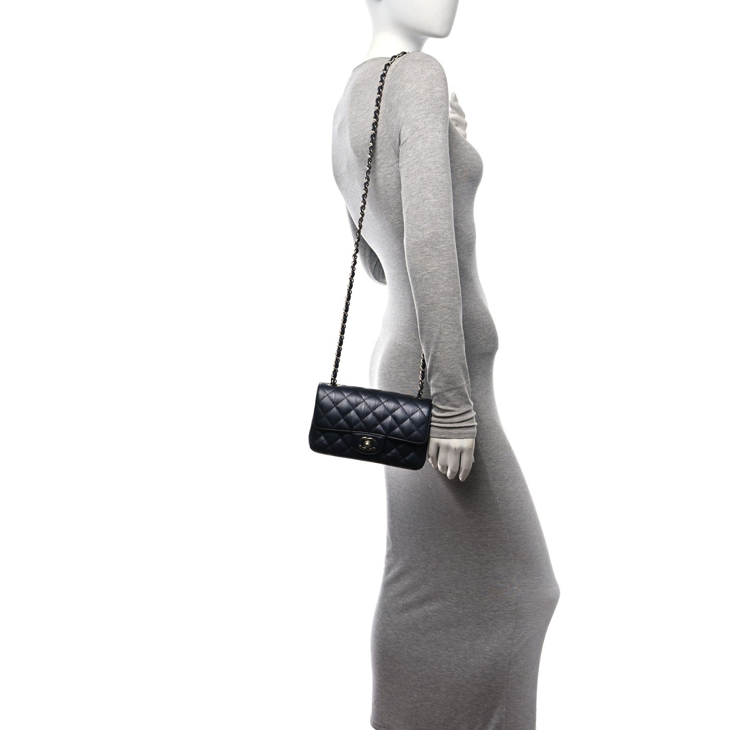Iridescent Calfskin Quilted Mini Rectangular Flap Charcoal
