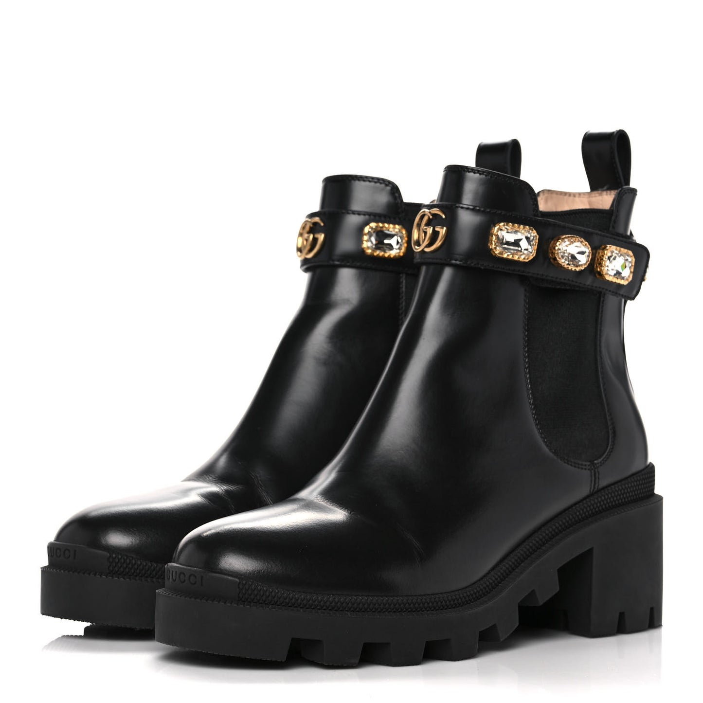 Calfskin Crystal GG Trip Chelsea Ankle Boots 38 Black