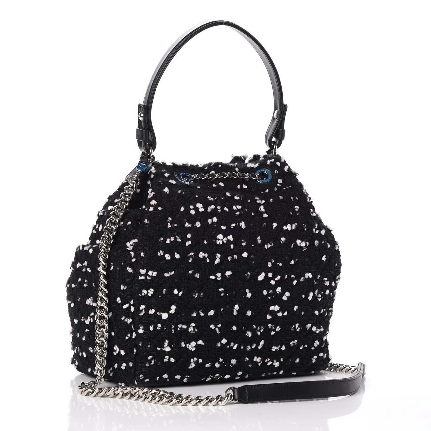 Calfskin Tweed Medium CC Chain Bucket Drawstring Bag White Black