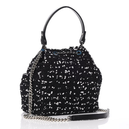 Chanel Calfskin Tweed Medium CC Chain Bucket Drawstring Bag White Black 3 of 8