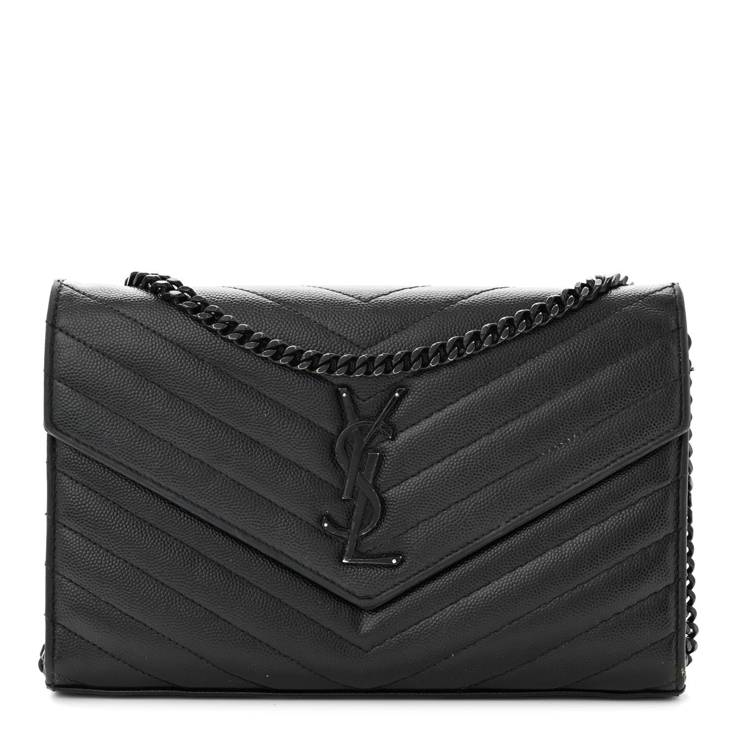 Saint Laurent Grain De Poudre Matelasse Chevron Monogram Monochrome Chain Wallet Black 1 of 16