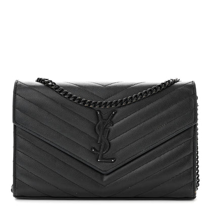 Saint Laurent Grain De Poudre Matelasse Chevron Monogram Monochrome Chain Wallet Black 1 of 16