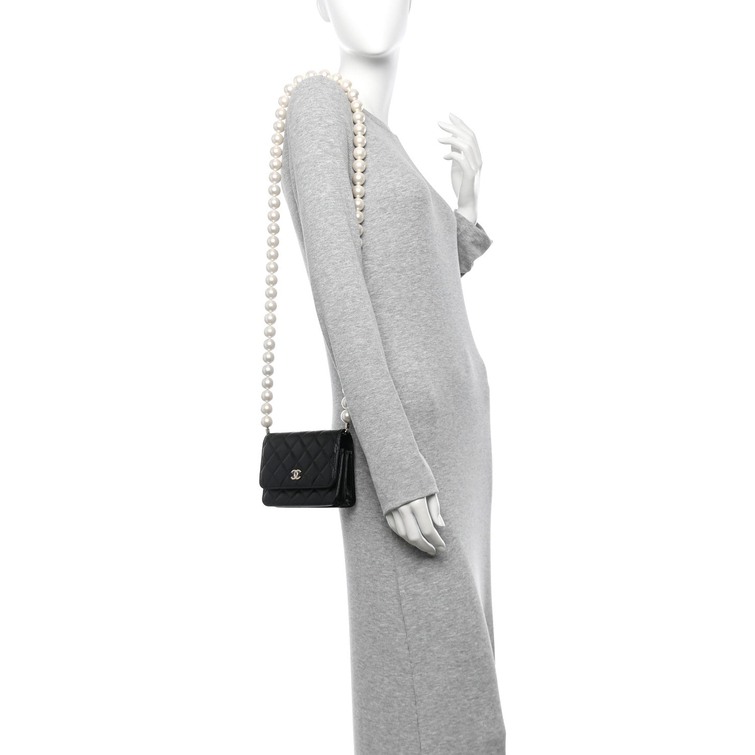 Chanel Calfskin Quilted Mini Maxi Pearls Wallet On Chain WOC Black 2 of 12