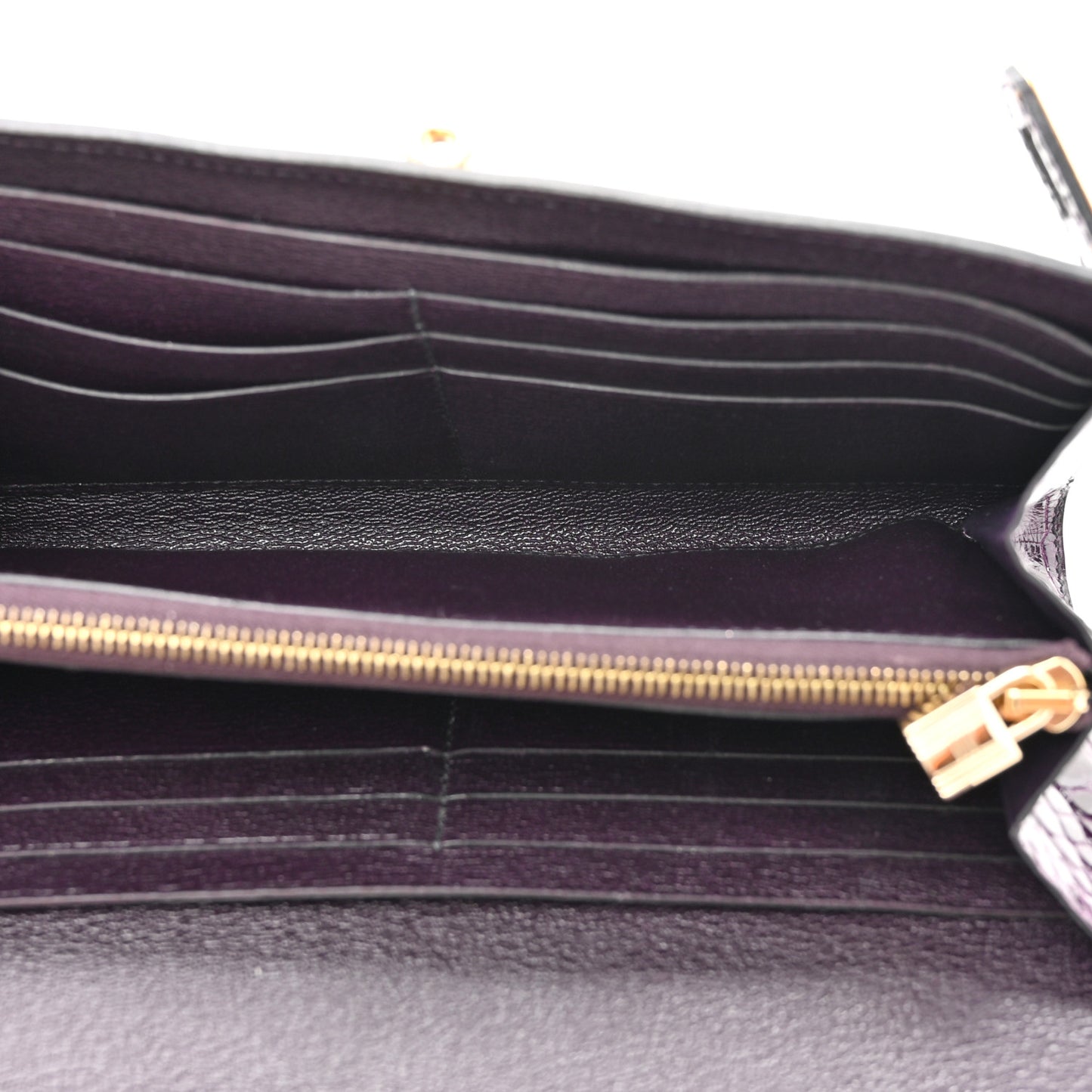 Shiny Alligator Kelly Longue Wallet Aubergine