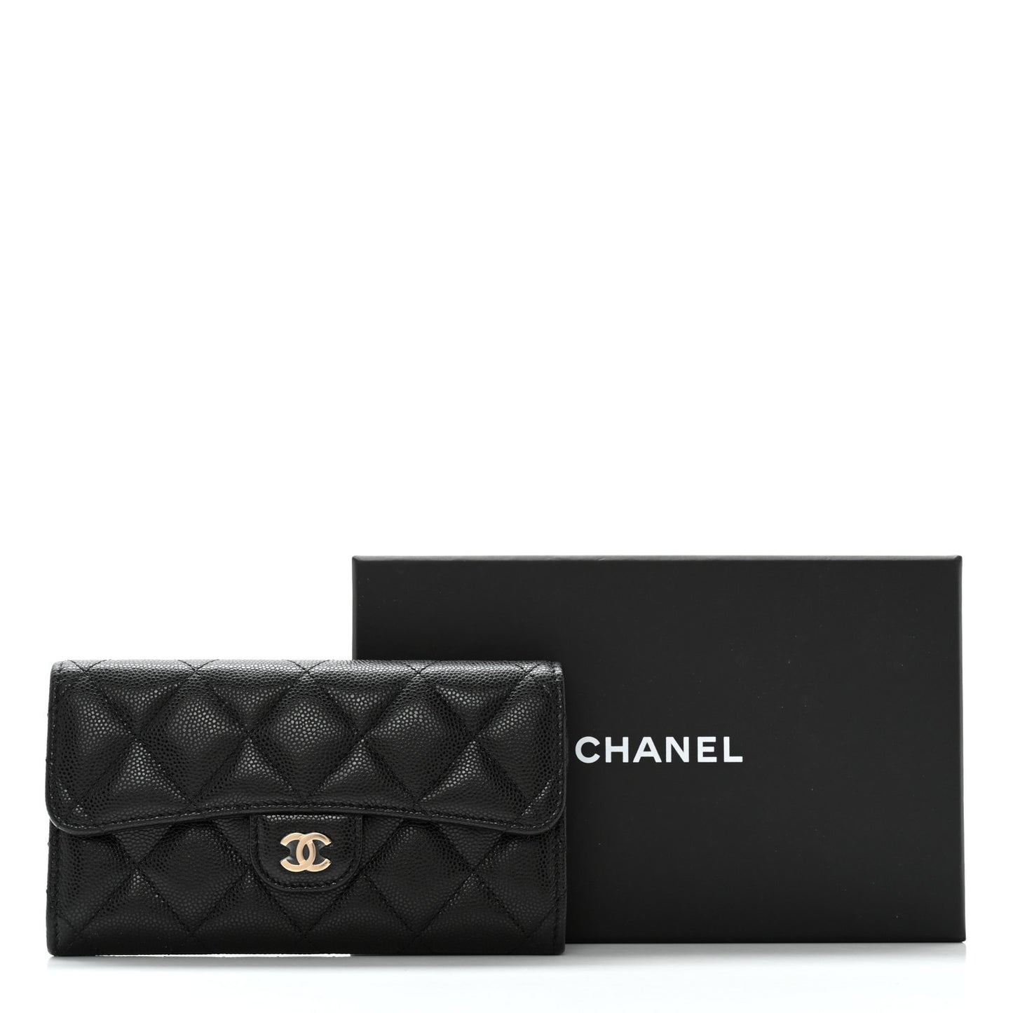 Caviar Quilted Medium Gusset Flap Wallet Black