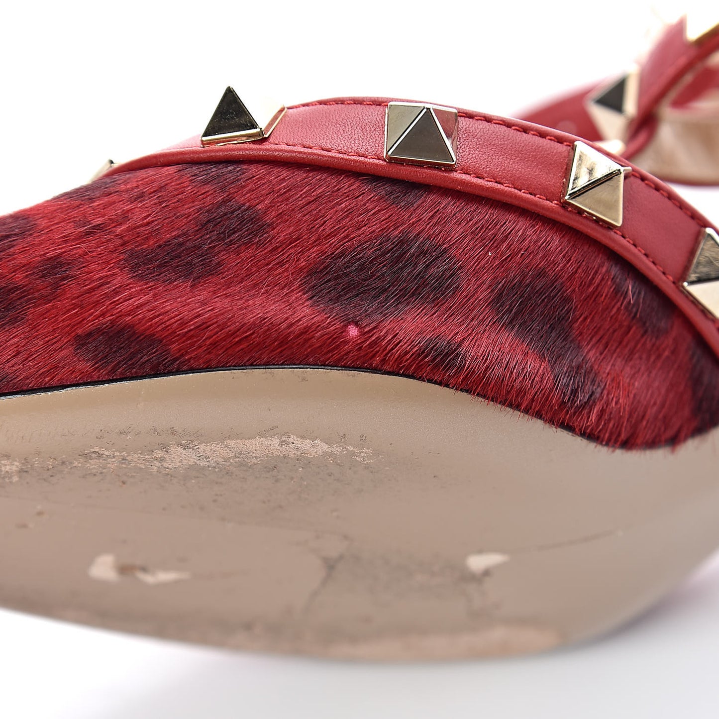 Calf Hair Leopard Print Rockstud Ankle Strap 65mm Pumps 37 Rosso Valentino