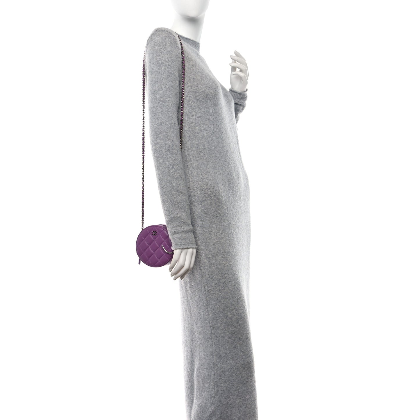 Lambskin Quilted Round Clutch With Chain Purple