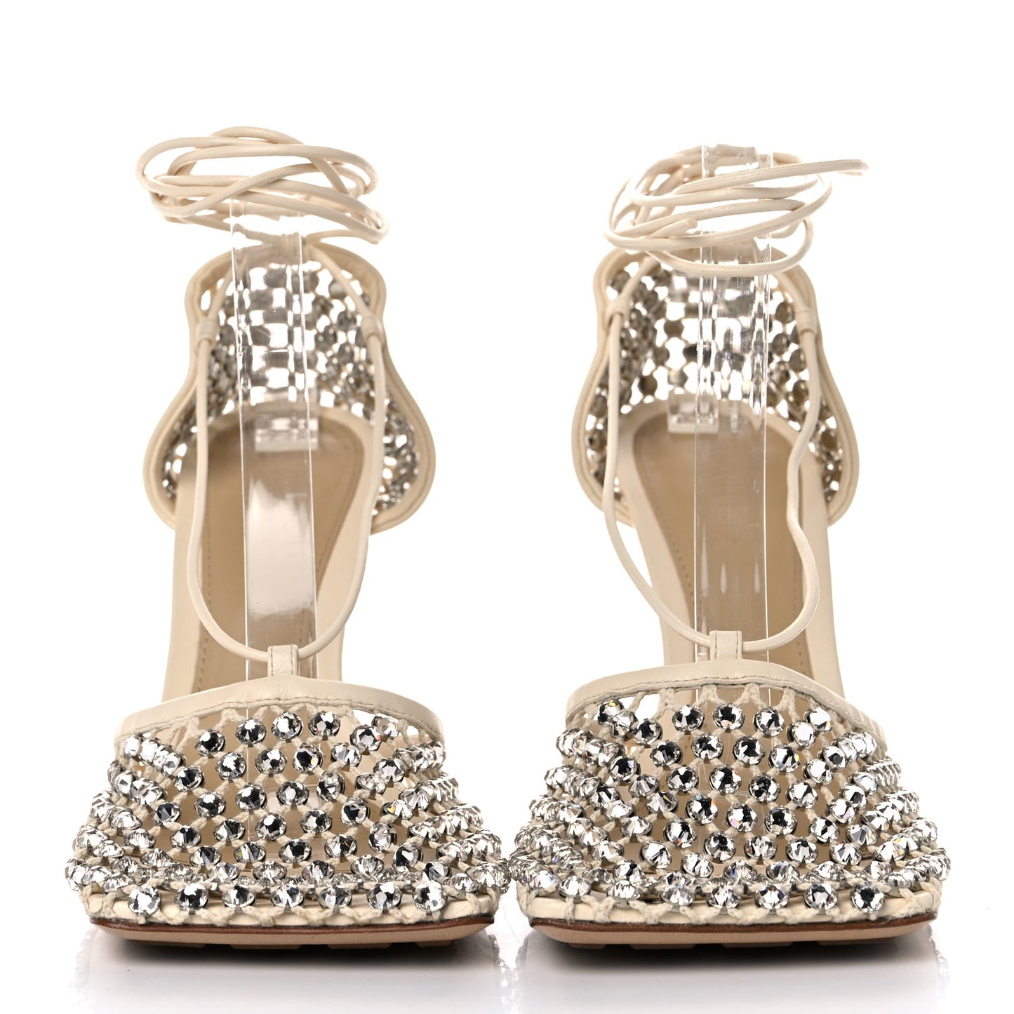 Mesh Nappa Crystal Embellished Sparkle Stretch Ankle Tie Sandals 40 Toile