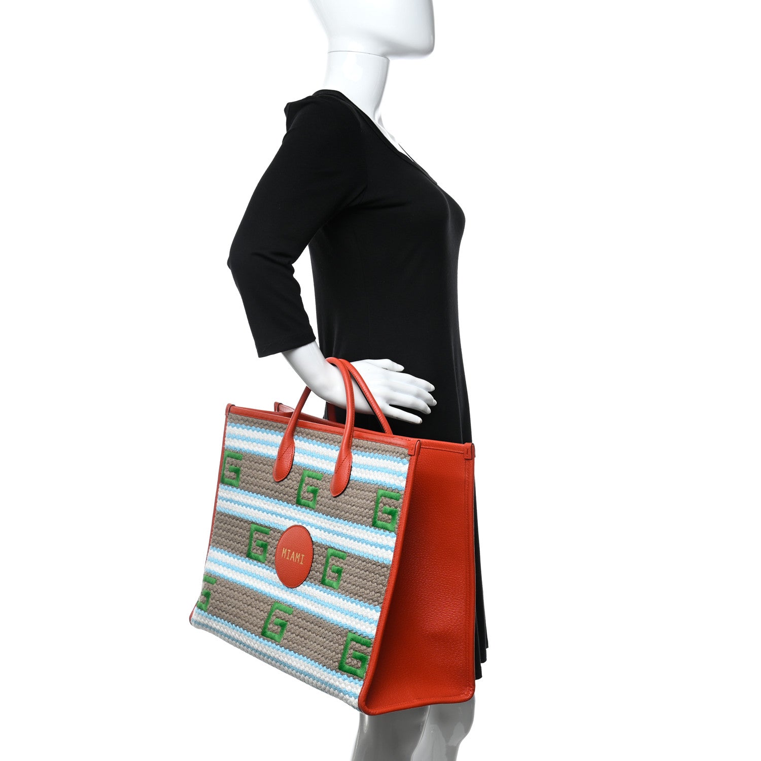 Gucci Fabric Embroidered Miami Striped Tote Bag Orange 2 of 9