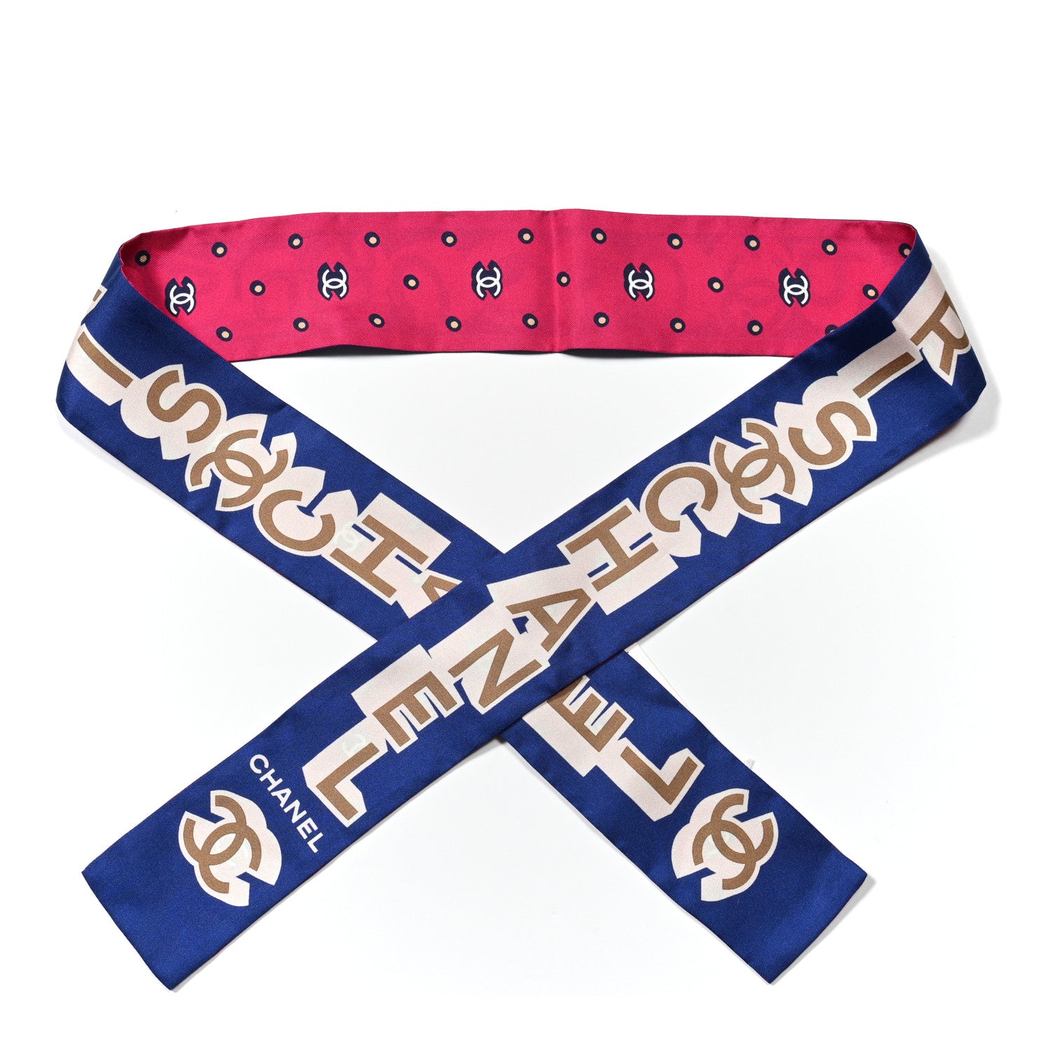 Chanel Silk Twill Slim Bandeau Scarf Blue Ecru Beige 1 of 3