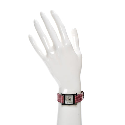 Hermes Stainless Steel Alligator Diamond Mother of Pearl 21mm Heure H Hour Quartz Watch Framboise 2 of 10