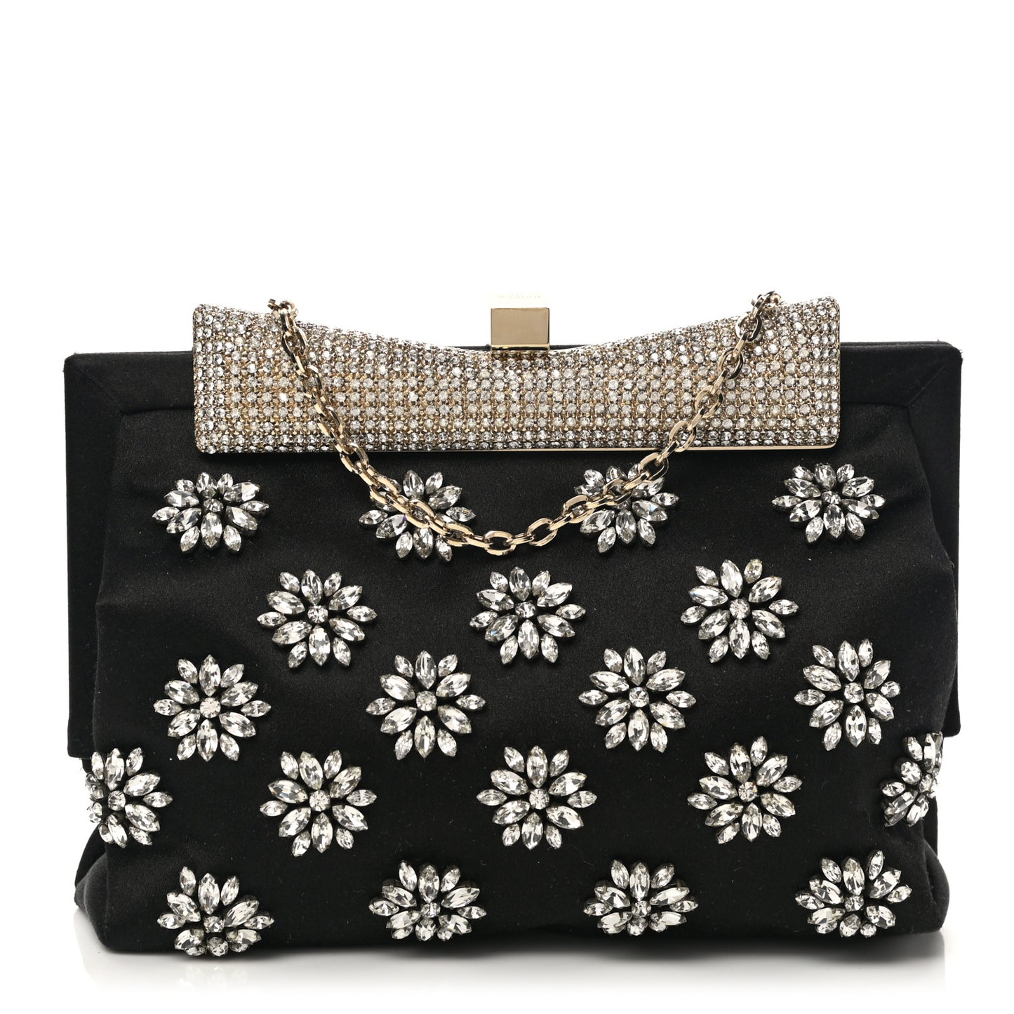 Satin Crystal Flower Embellished Clutch Black