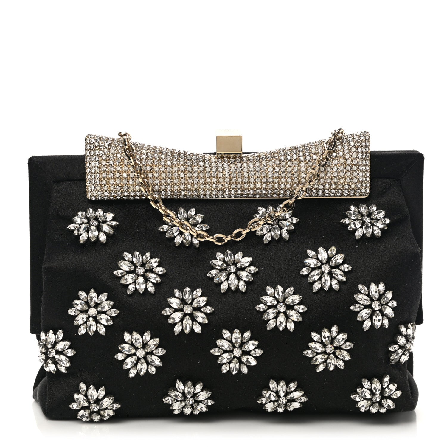 Valentino Garavani Satin Crystal Flower Embellished Clutch Black 1 of 9