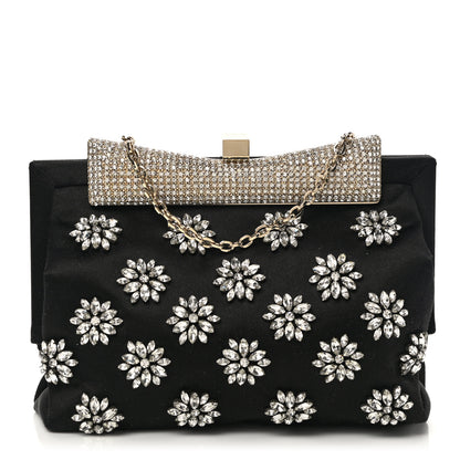 Valentino Garavani Satin Crystal Flower Embellished Clutch Black 1 of 9