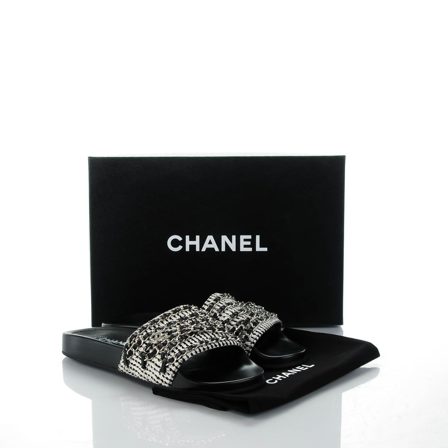 Chanel Tweed Lambskin Chain Flat Sandals 38 Black White 8 of 8
