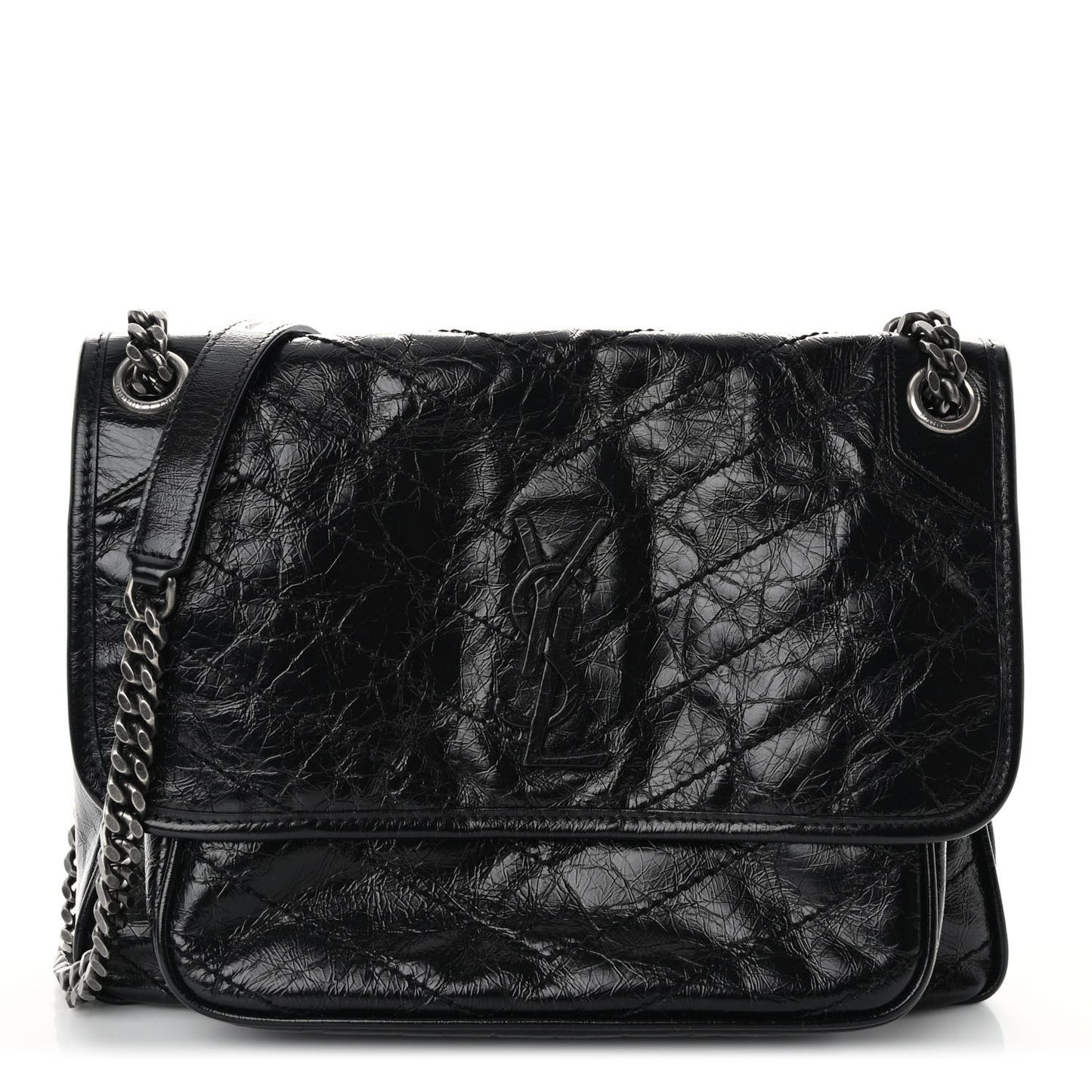 Crinkled Calfskin Matelasse Monogram Medium Niki Chain Satchel Black