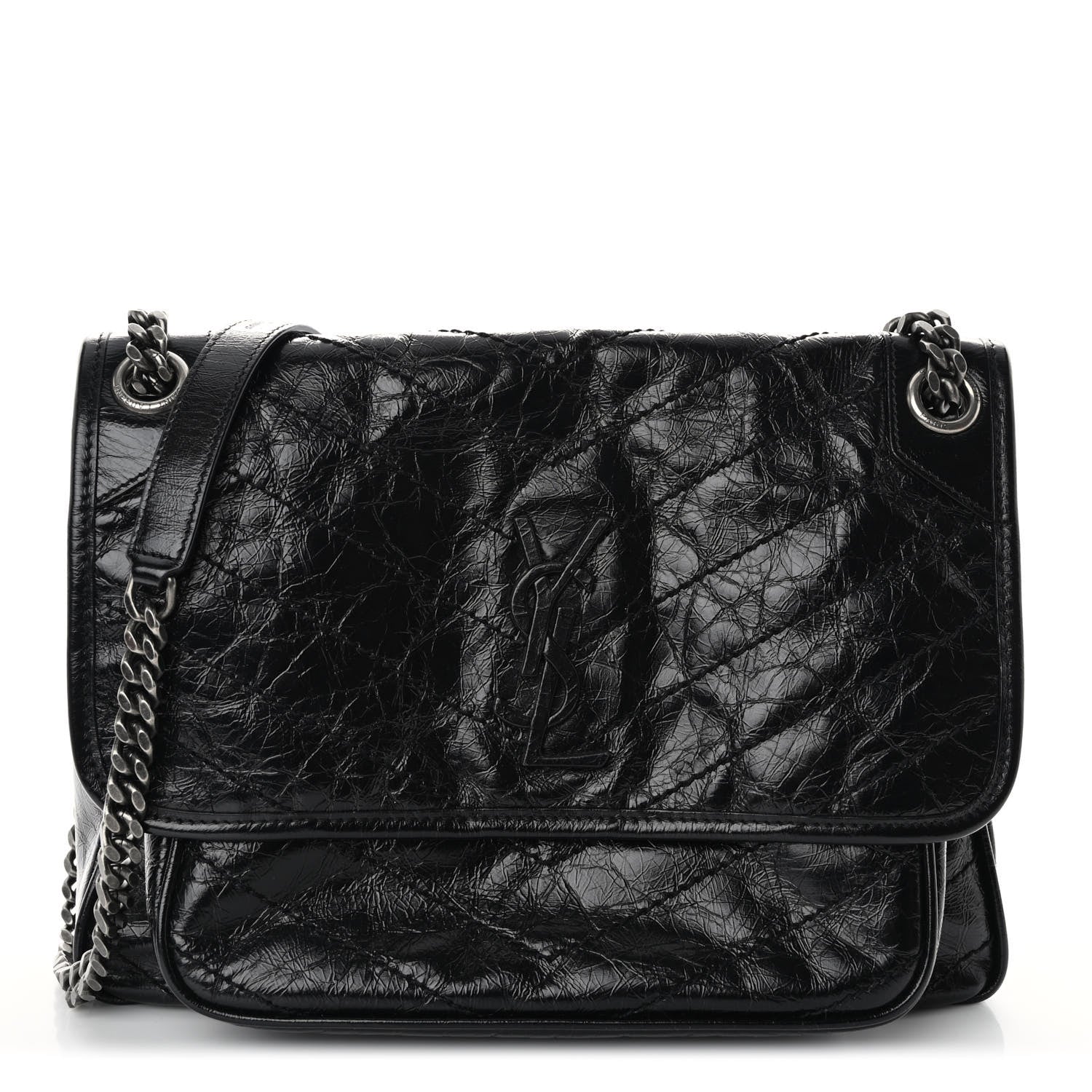 Saint Laurent Crinkled Calfskin Matelasse Monogram Medium Niki Chain Satchel Black 1 of 10