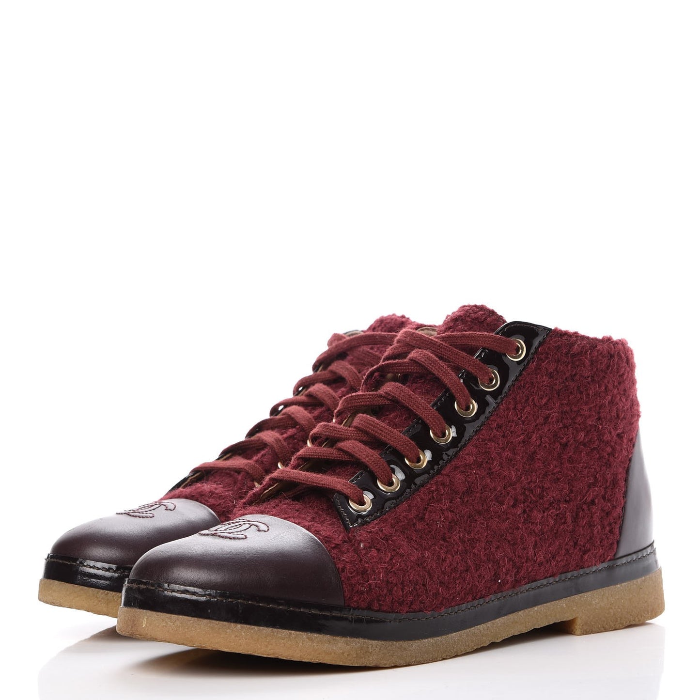 Tweed Calfskin CC Lace Up Short Boots 39.5 Burgundy