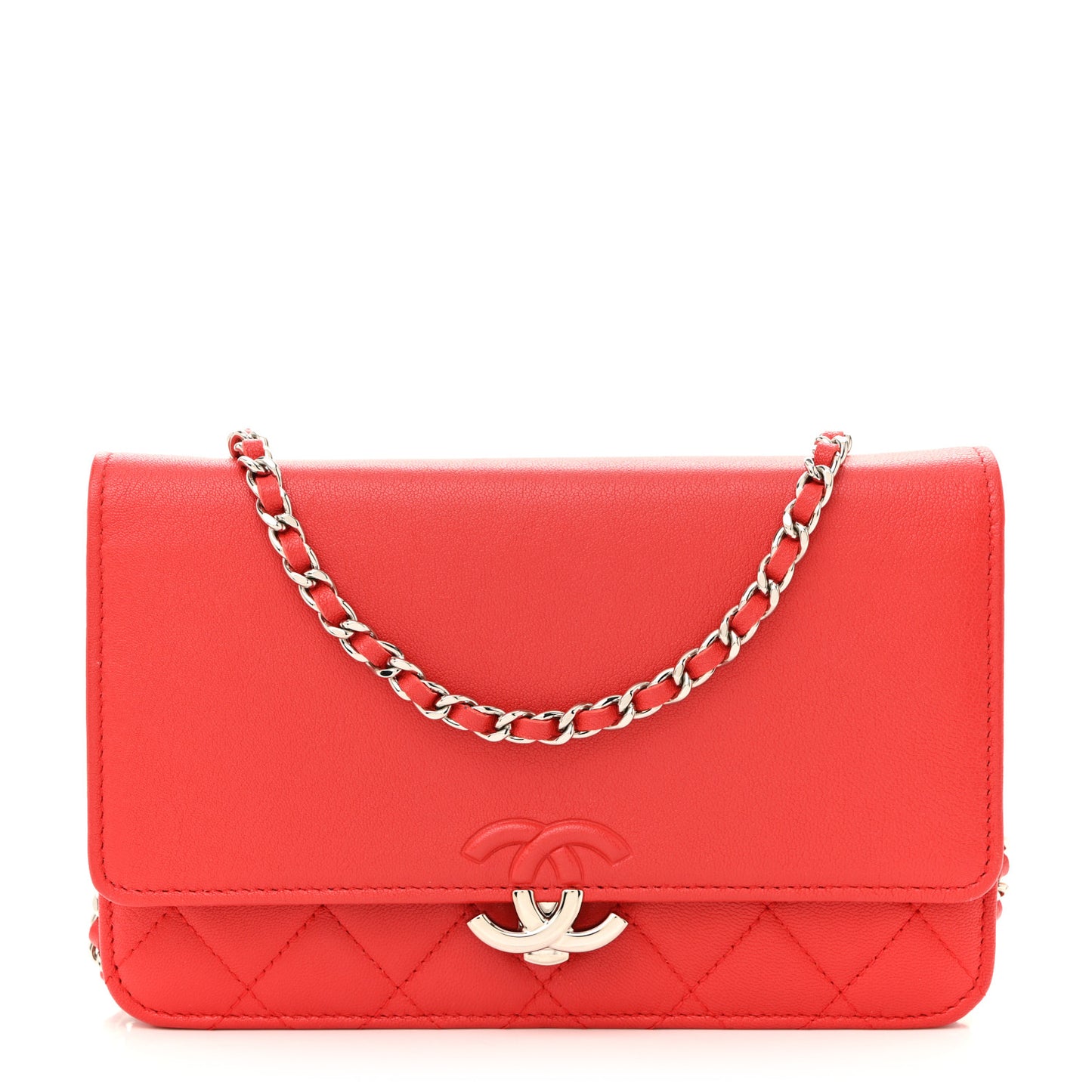 Grained Calfskin Quilted CC Box Wallet On Chain WOC Red